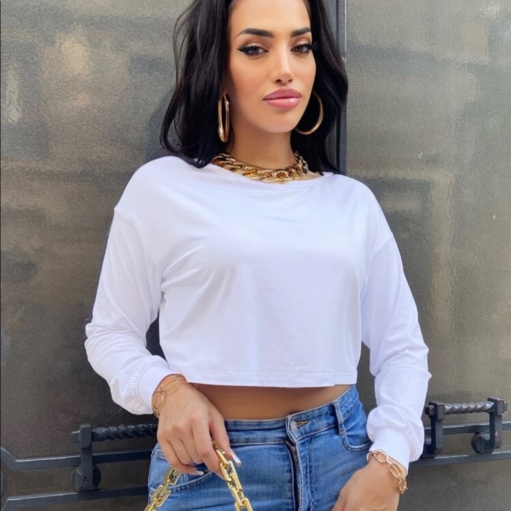 White Long Sleeve Crop Tee